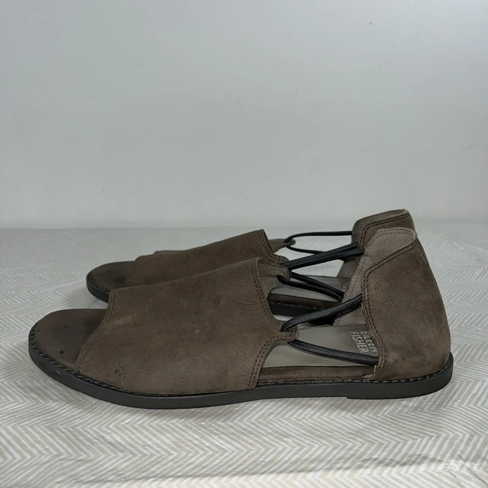 Eileen Fisher Women's Peep Toe Sandals Flat Shoes Sz 7 Brown Suede Flats Leather